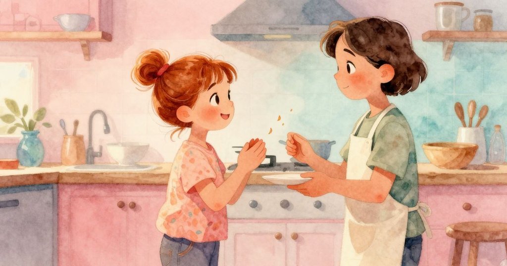 Kestrel與溫柔的成人在廚房中互相分享微笑，讚賞著那顆持續閃爍的泡泡，營造出和諧溫馨氛圍。