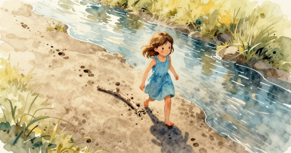 莉拉站在狹窄溪流旁, 赤腳踩著涼濕泥土, 從鳥瞰角度展現自然景觀, 光線明亮