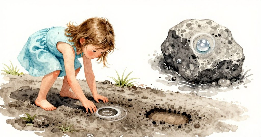 莉拉在分割畫面左側仔細觀察泥印, 右側呈現石頭上環繞的濕潤水圈, 展現自然謎樣景象