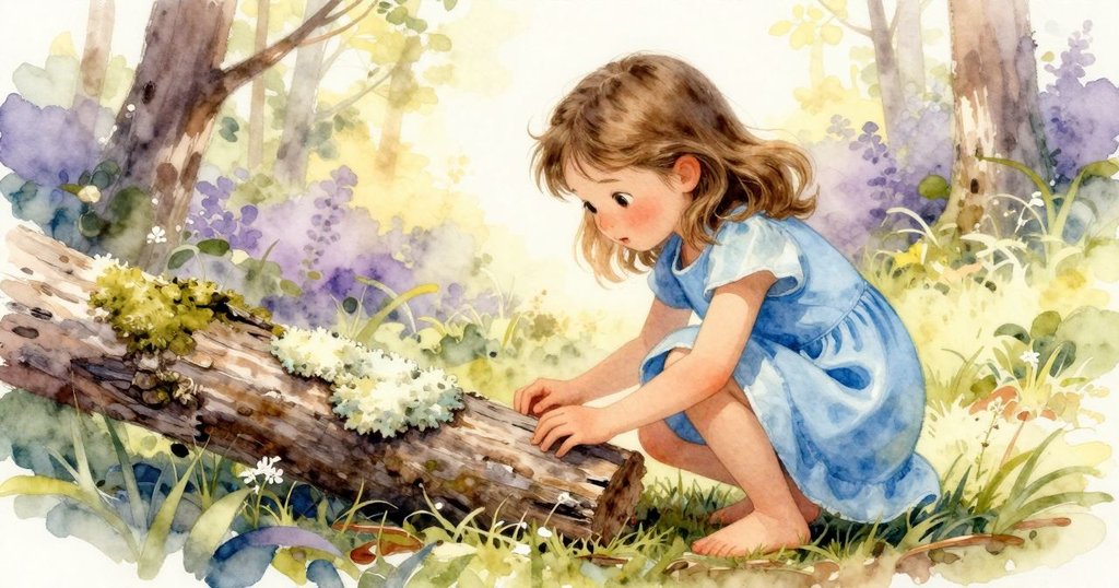 莉拉蹲在苔蘚覆蓋的倒木旁, 仔細觀察樹皮間變淺的苔蘚, 陽光柔和, 呈現季節微妙變化