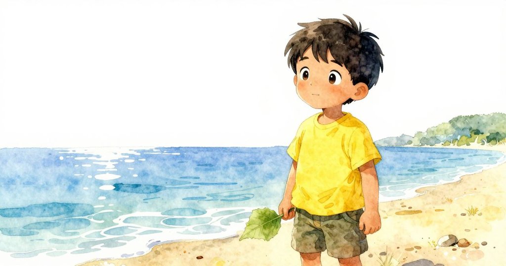 貝克特在遠岸邊舉葉沉思, 露出好奇與愉悅表情, 側角景觀映襯溪流與自然細節