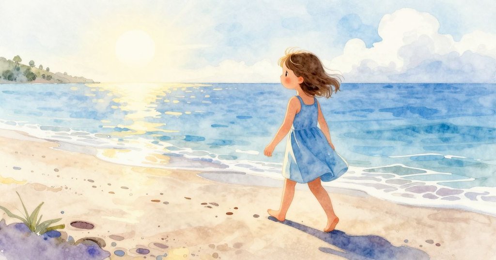 莉拉在金色晚陽下緩步溪邊, 濕潤足跡與自然標記交織, 呈現寧靜與和諧景致, 故事落幕