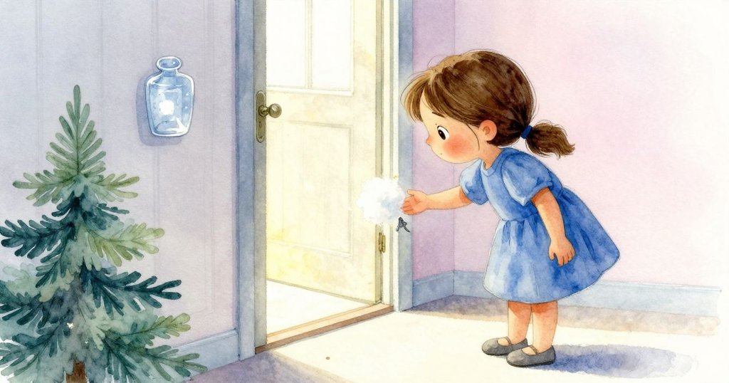 Cora伸手輕觸飄落的白絨球，背景有打開的屋門散發溫暖光芒，動作充滿好奇，情節逐步推進