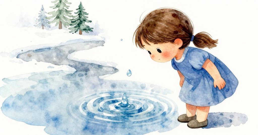 傾斜視角下，Cora肩上落下的水滴激起環形波紋，附近有小卵石點綴，神情中透著驚喜