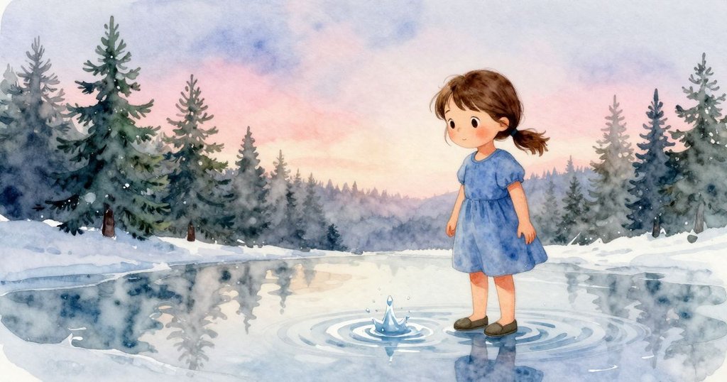 最後一滴水落入水坑，Cora與門內大人輪廓靜靜對望，夕陽柔光下展現故事最終寧靜意境