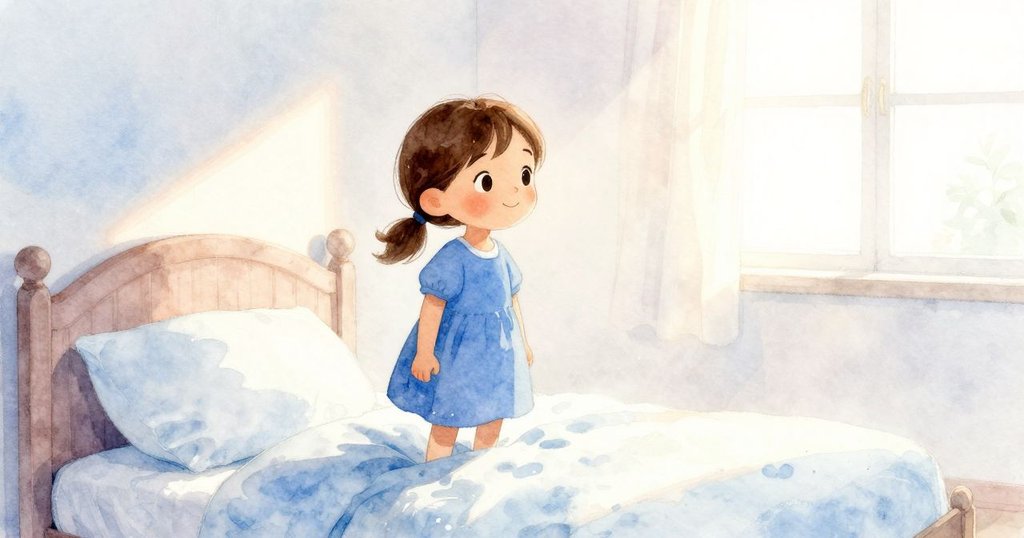 克拉拉在明亮房間醒來,剪影映襯著早晨溫暖的陽光,室內塵埃漂浮,展現新一天的開端