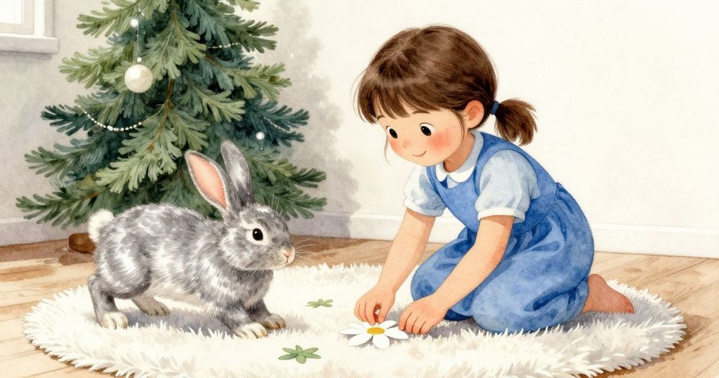 克拉拉將完成的紙花用透明膠帶固定後,放在地毯上,寵物兔活潑跳躍於身旁,展現室內隱秘角落的溫馨