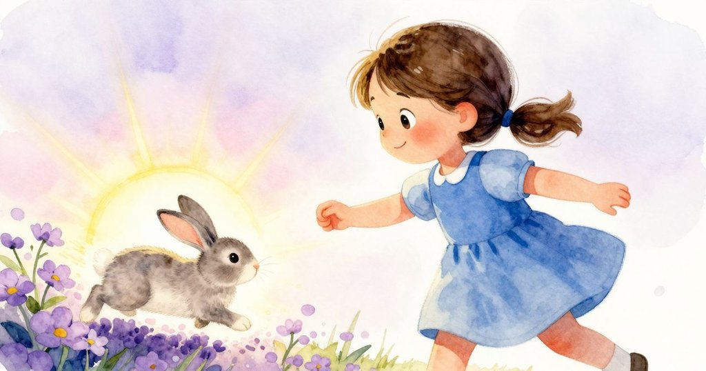 室內動態場景中,陽光灑落在紫色紙花上,兔子追逐光斑,克拉拉滿臉欣喜,展現活潑快樂的玩樂時刻