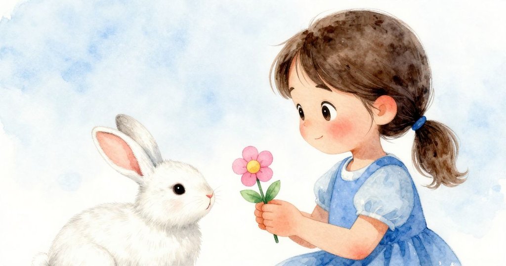 克拉拉滿懷驕傲地將完成的紙花展示給寵物兔,臉上溫柔微笑,捕捉創作成功的溫馨瞬間