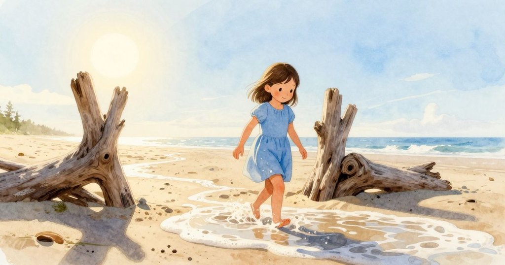 阿爾瑪走入海灘入口，輕鬆步調踏進晨光灑落的海邊，背景有粗糙的木頭與海浪氣息