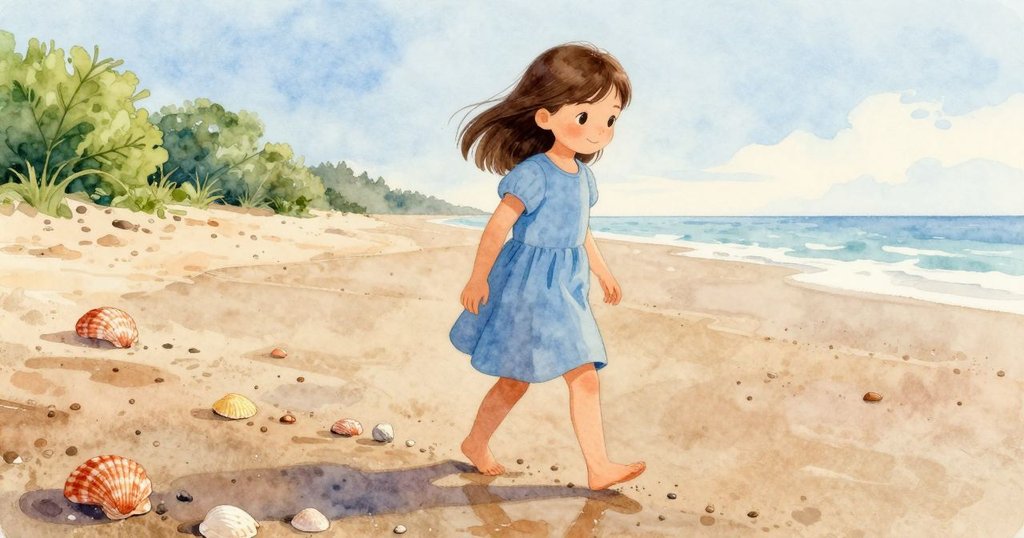 阿爾瑪走過濕乾分界的沙灘，腳印清晰，旁邊有明亮貝殼滑動，呈現出溫和晨光的細節