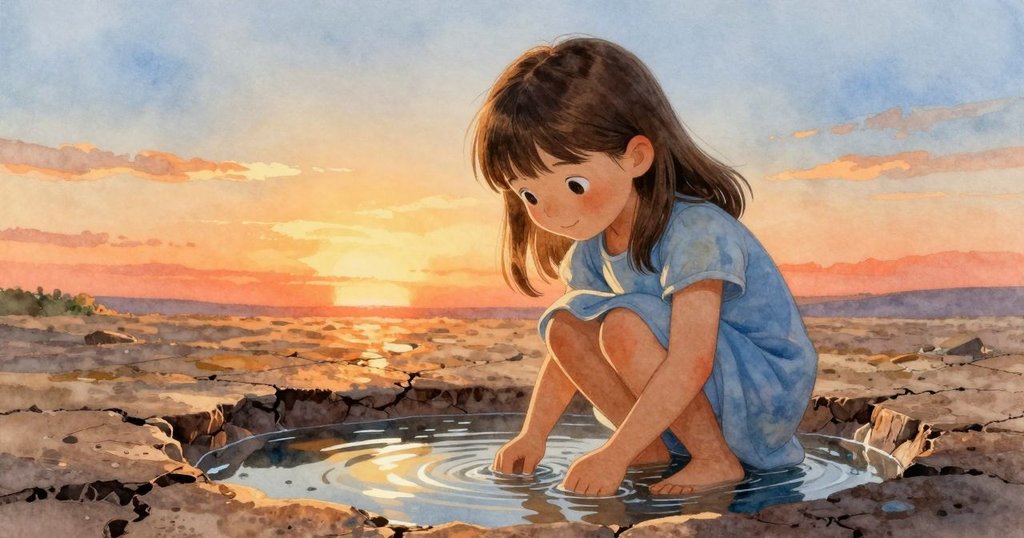 阿爾瑪蹲在濕潤沙旁的小洞邊細看，火山岩在晨光下閃爍，水面輕映晨光，充滿探索的溫暖情懷