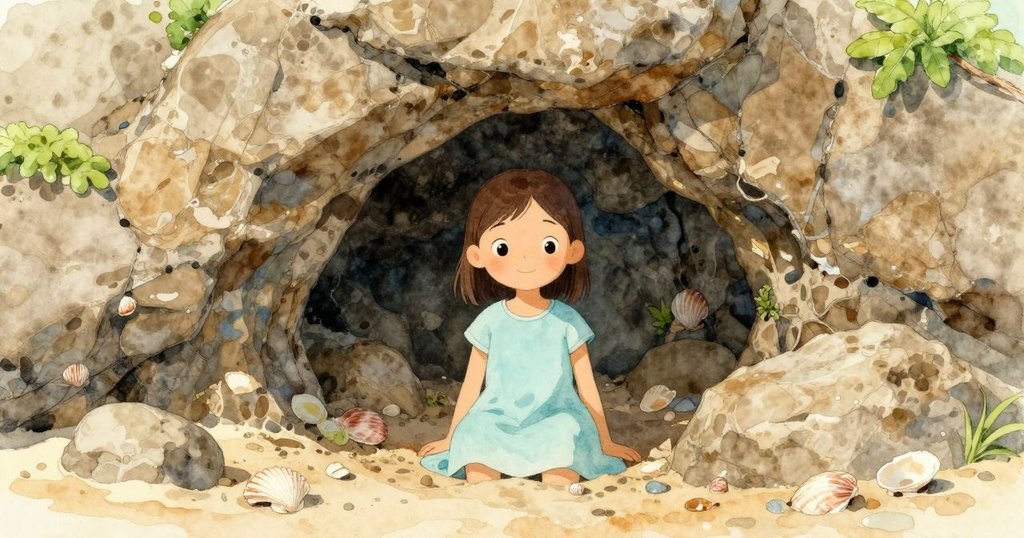 海邊隱秘角落展現風化劃痕的火山岩和細小水道，阿爾瑪靜靜觀察貝殼間的秘密空間，充滿好奇心