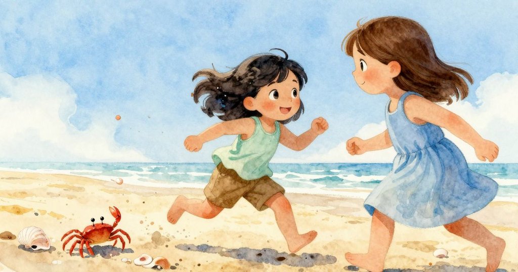 阿爾瑪與芬娜看著明亮小蟹迅速穿梭貝殼間，興奮目光互相交流，展現熱鬧追逐場景