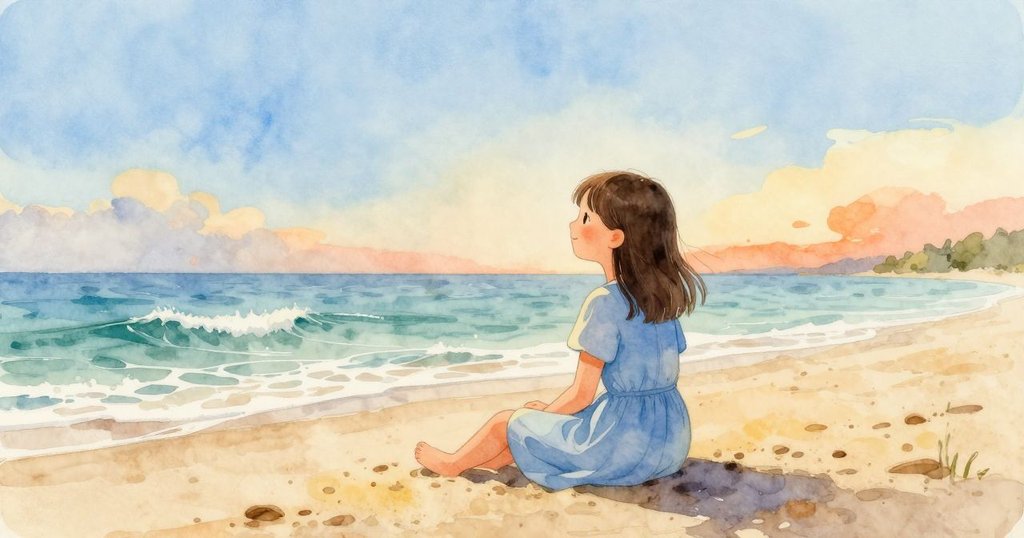 阿爾瑪於海邊靜坐休憩，目光平和注視大海，晨光與貝殼交織成溫柔動人景象，充滿寧靜與安詳