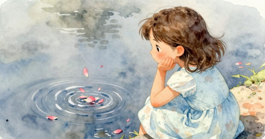 從背後視角看艾瑞斯注視著小水坑中旋轉的花瓣,充滿好奇與沉思,背景自然寧靜。