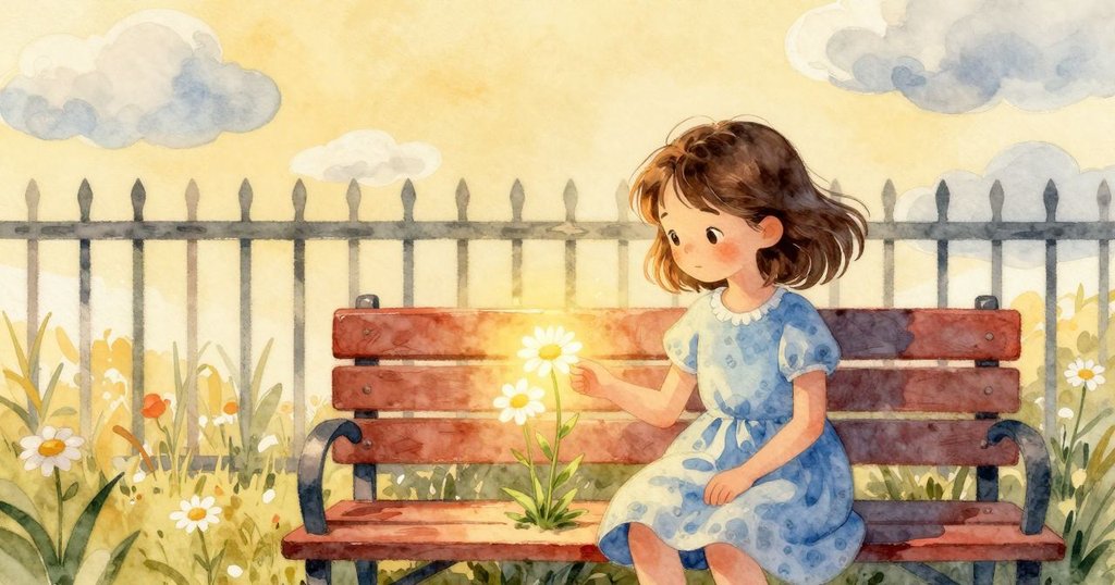 艾瑞斯輕觸露出光芒的雛菊,背景是變幻的雲朵、長圍籬與庭園長椅,呈現季節柔和光影。