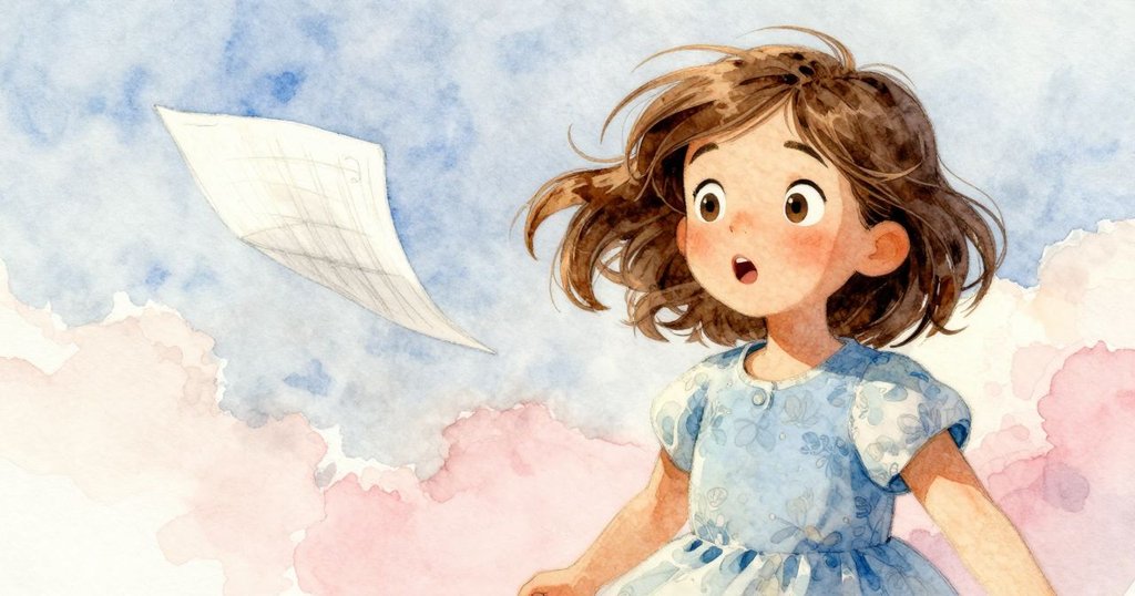 艾瑞斯面露驚訝注視著被風吹起的素描紙,細節豐富的戶外庭園展示動感緊張瞬間。