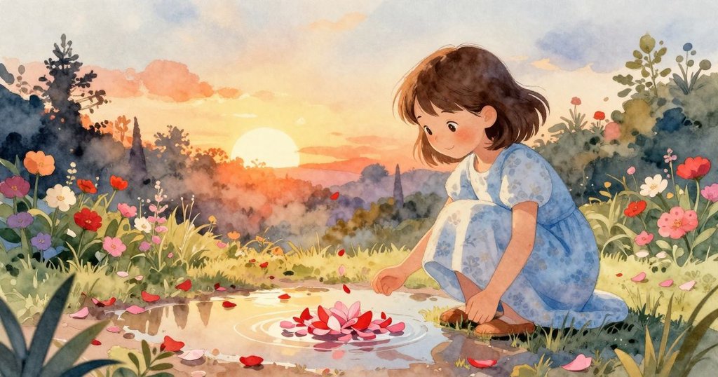 艾瑞斯在寧靜庭園中微笑守望旋轉花瓣和小螞蟻,夕陽柔光中展現自然和諧團聚之美。