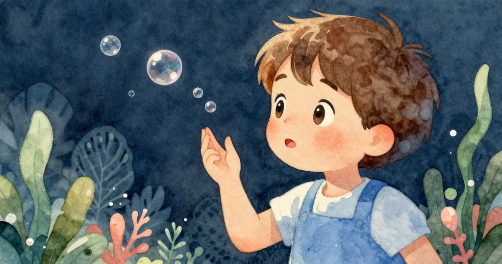 小孩凝視水中破裂的小泡泡，臉上流露出驚奇與細膩情感，柔和晨光映照出探索的溫暖情景