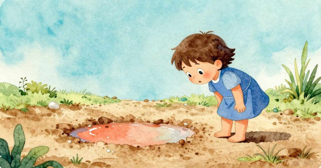 小孩再次回到水坑旁，發現僅存的一圈閃亮水痕映襯裸露泥土，時光流逝中充滿靜謐與思索