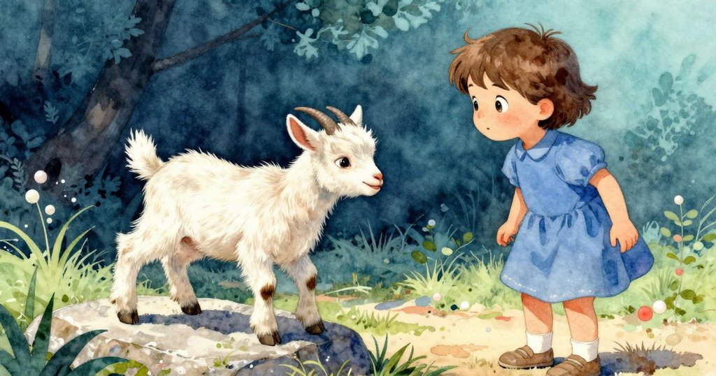 小山羊活潑地步行於石頭旁，小孩滿臉喜悅，動感場景中展現自然與生命力的融合