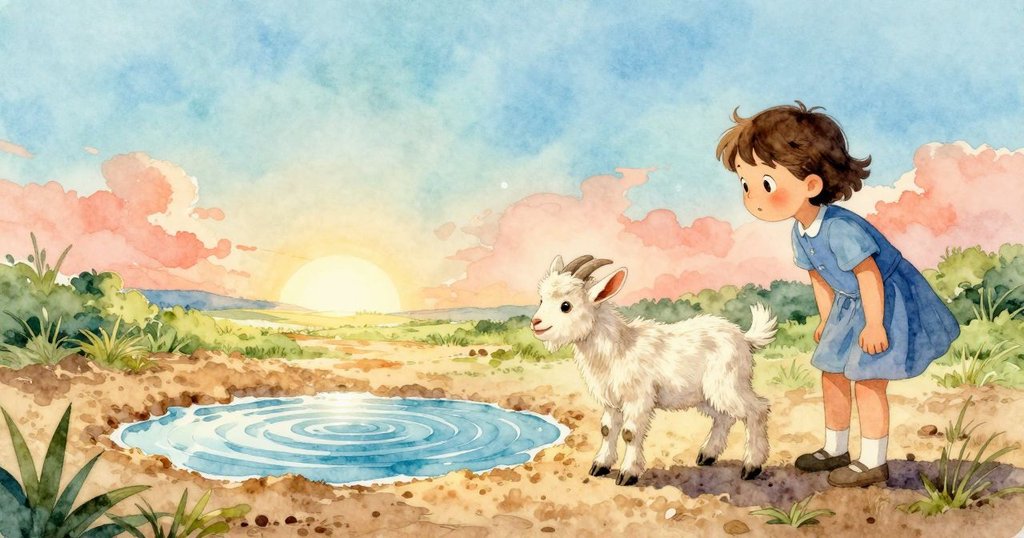 小孩與山羊在金色夕陽下凝望即將消逝的水環與裸露泥土，共享寧靜與深思，感受大自然的溫柔告別