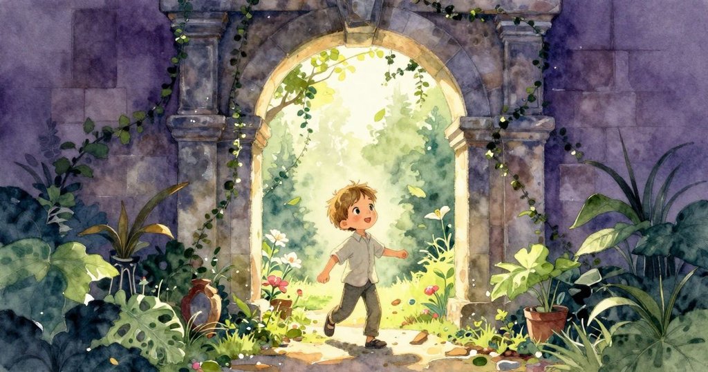格里豐穿過古舊花園拱門，充滿期待，晨光柔和灑落，環境綠意盎然，步入探險旅程