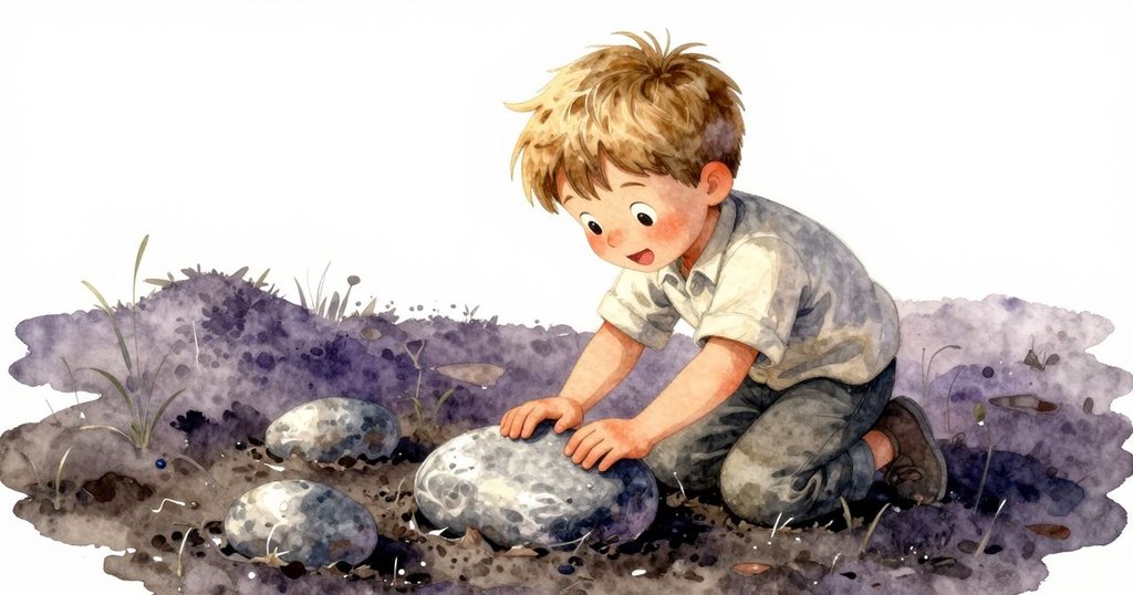 格里豐蹲下仔細檢查嵌在泥中的光滑石塊，晨光映襯出神秘質感，專注而好奇的動作展現探險精神