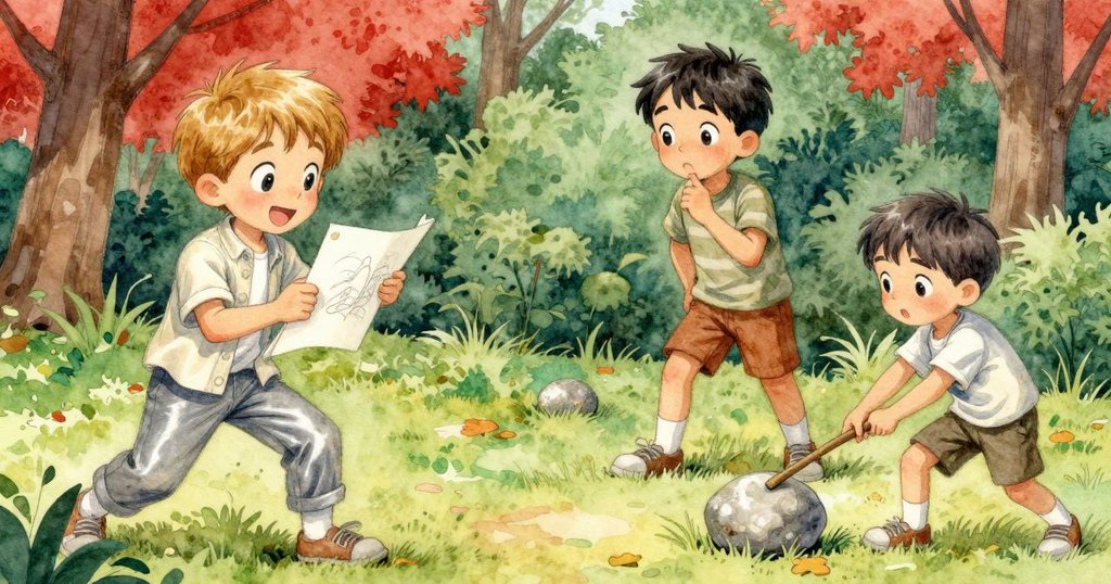 喬埃爾翻開畫冊見卡通病人揮手，格里豐用小棍撬泥中石塊，兩種發現並行展現，動作活潑