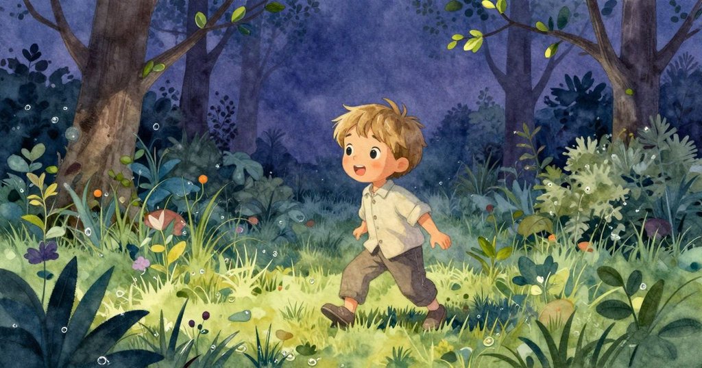 清晨的花園草地上滿是露珠和初綻新葉，自然靜謐見證秘密，環境迷人而神奇