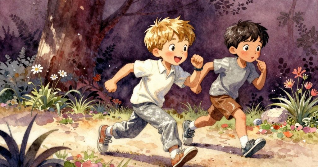 格里豐手握閃亮玩具手錶快步奔跑，喬埃爾興奮追趕，花園背景模糊展現動感與愉悅