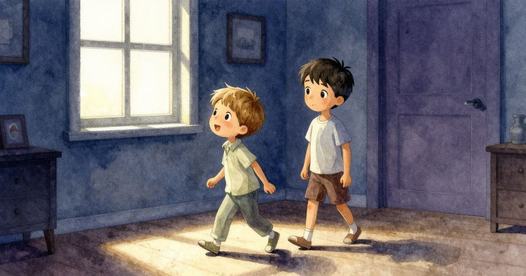 格里豐與喬埃爾平靜步入溫暖室內，柔和光線瀰漫，象徵冒險落幕，心情平靜而滿足