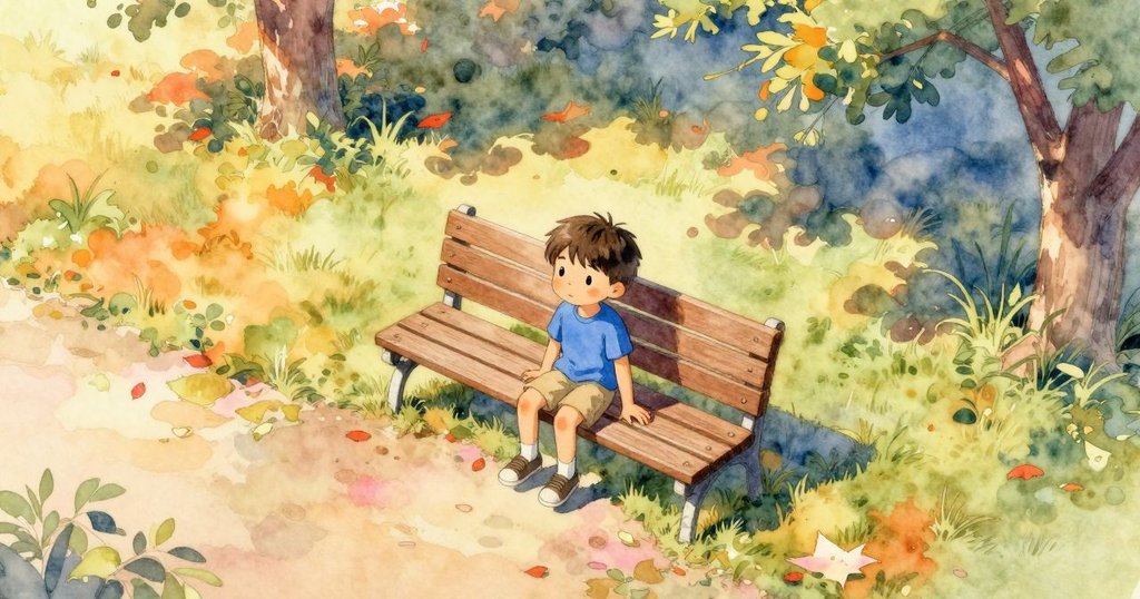 塔圖姆坐在木製長椅上，背景是充滿青草氣息的公園，從高空俯瞰，展現平靜與安寧的氛圍