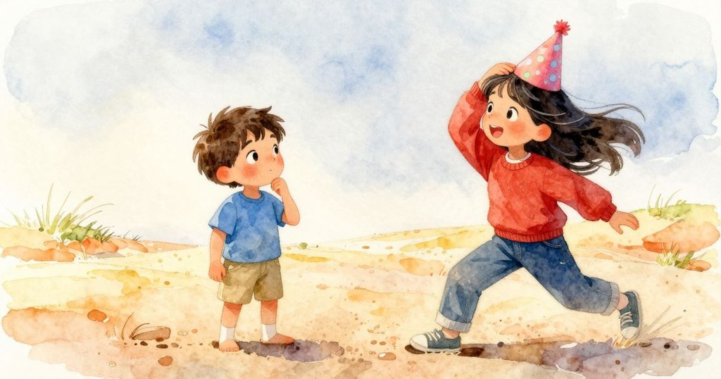 明亮的派對帽在沙地上滾動，微風輕拂使帽尖翻飛，象徵著快樂與冒險的精神