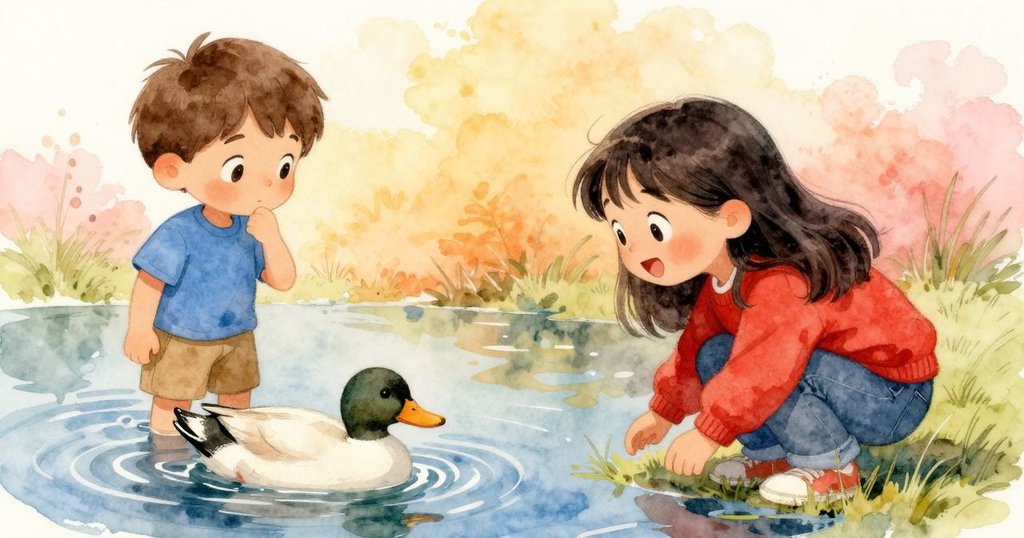 鴨子在寧靜池邊低頭，水面形成細膩波紋，鏡映藍天，展現自然和諧與寧靜的美感