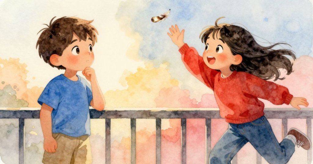 另一個孩子充滿活力地揮手呼喊，欄杆邊細小羽毛隨風舞動，展現出愉快與動感的場景