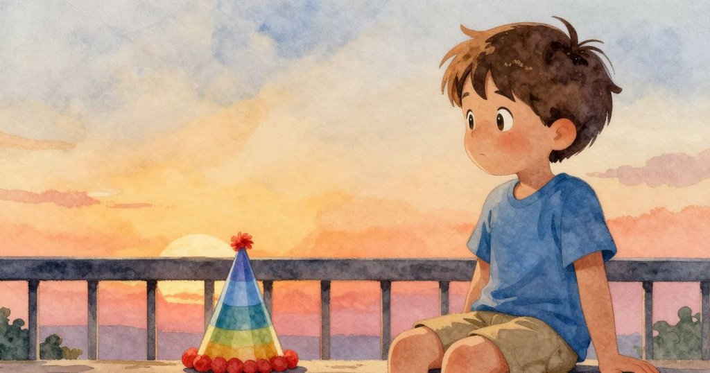 塔圖姆在欄杆邊安靜休憩，倒置的派對帽靜臥一旁，柔和黃昏光線營造出寧靜的結尾氛圍