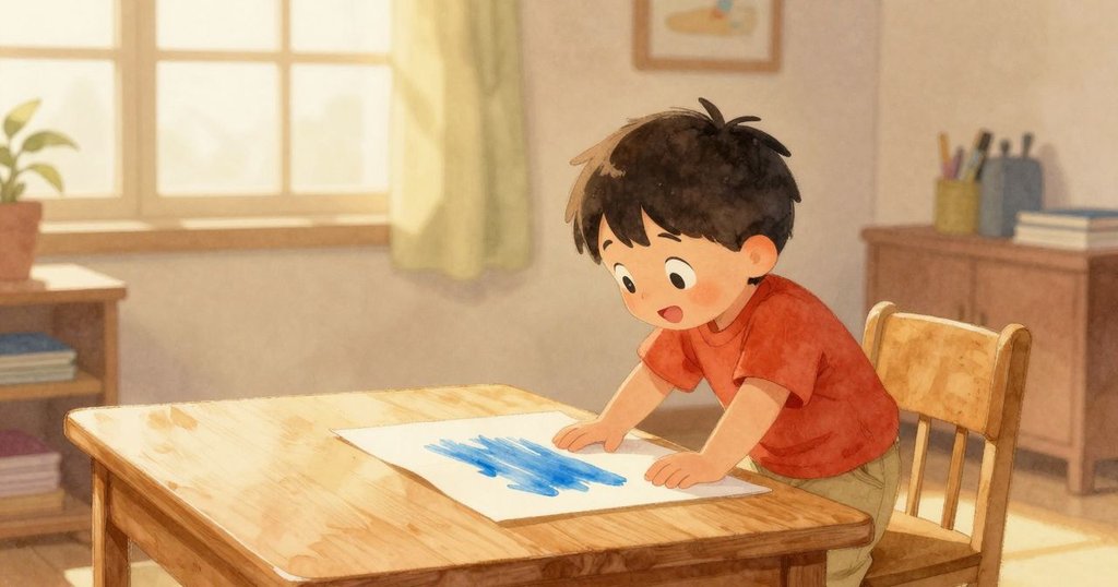 齊夫站在桌前欣賞閃亮藍筆跡，房間瀰漫晨霧，光線柔和，表情充滿好奇，展開故事開端