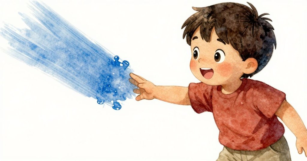 齊夫的手輕觸閃亮藍筆跡，近距離展現紙張細節與探索情感，象徵故事的啟發