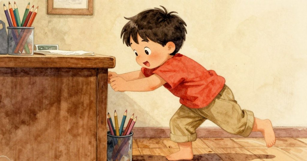 齊夫踮步輕移桌上鉛筆罐，傾斜視角展現活潑動作與堅定神情，描述故事發展