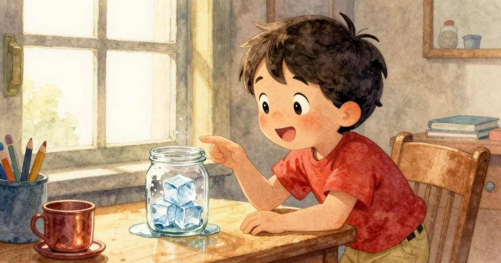 齊夫在高窗旁注視玻璃罐中融化的冰塊，水珠圍繞黑色石頭滑落，室內溫暖光線映照故事中段