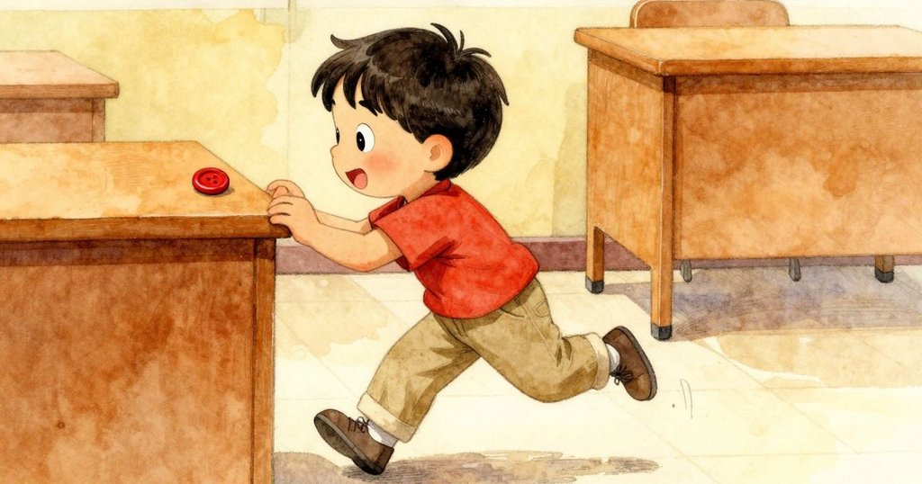 齊夫急速追逐滾動的紅鈕扣，動態捕捉奔跑與興奮，桌面上藝術品零散呈現活力追逐情景