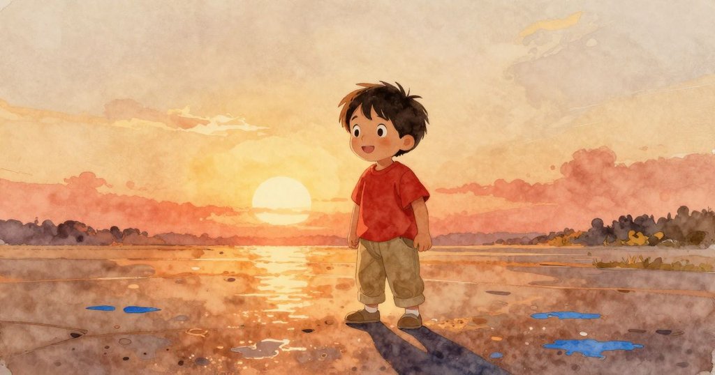 齊夫立於地毯上靜觀桌面殘留的藍色痕跡與膠痕，落日餘暉中塵埃輕舞，呈現故事安穩結尾