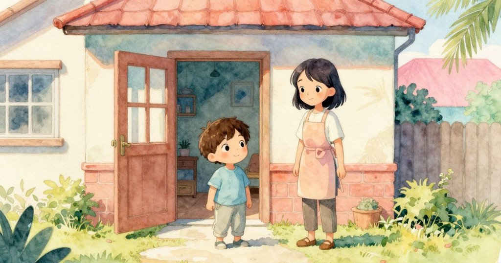 家外景中，孩子和家長從透光開門內見到餐桌，溫馨晨光中展現家庭幸福與期待