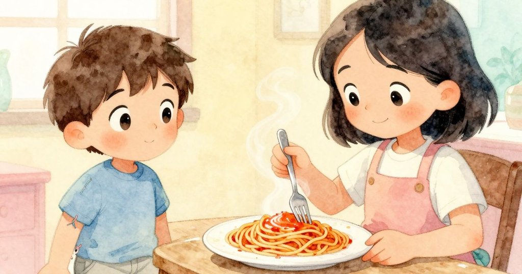 孩子正操作著叉子，近距離觀察散發蒸氣的意大利麵盤，展現溫暖早晨中的美味細節