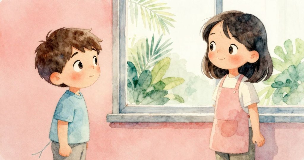 窗戶中清晰映出家長欣喜的微笑，桌上餐點隱約映現，溫馨晨光中展現家庭甜美瞬間