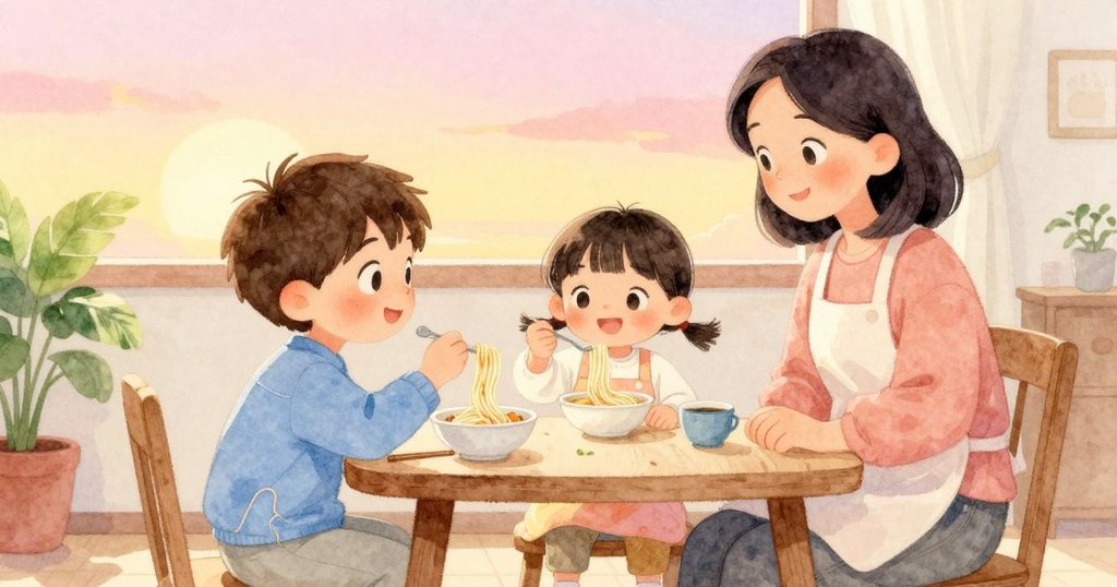 孩子與家長於餐桌邊歡慶成功，孩子細心盤起麵條，家長溫柔微笑並提問加起司，充滿幸福感