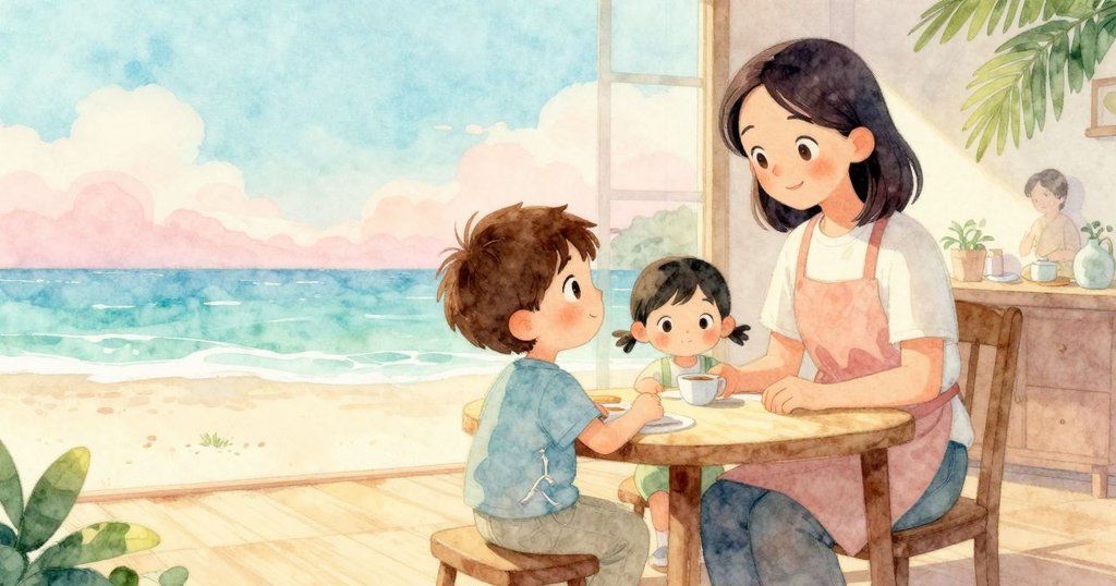 餐廳全景平靜呈現，孩子滿足地握著叉子，家長欣慰注視，遠處Ian輕吟走過，營造出和諧結尾