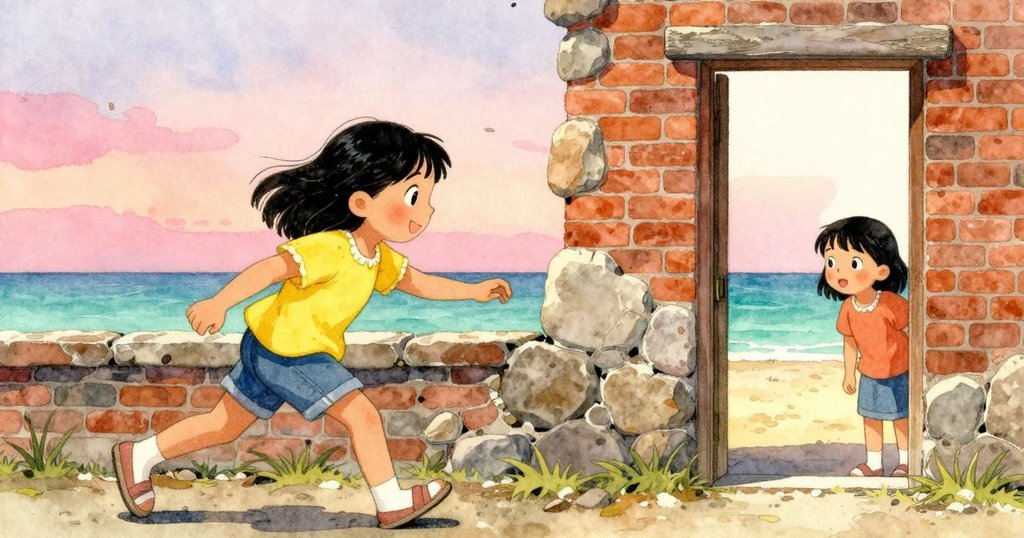 一邊石頭從磚牆上滑落並掀起浪花, 另一邊Keira在門口好奇觀望, 呈現故事轉折的瞬間